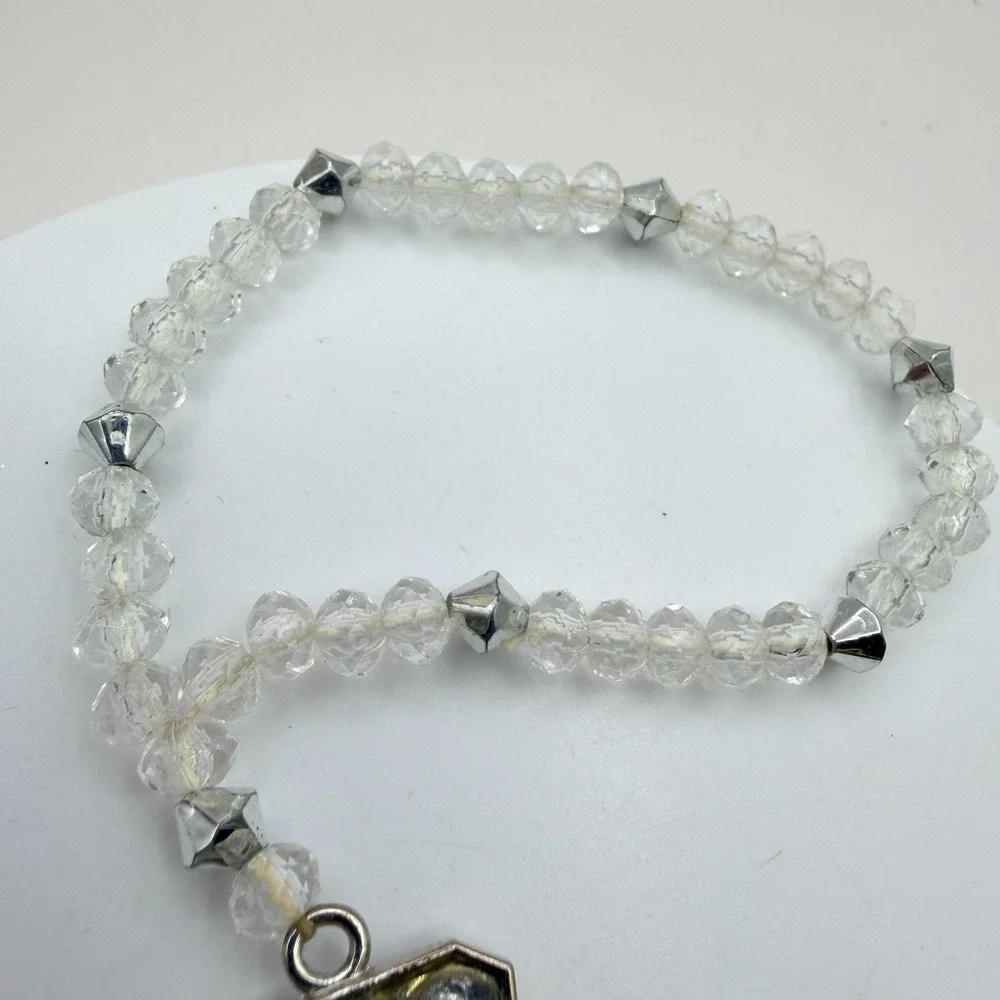 Vintage Silver Tone Beaded Cross Charm Bracelet Rhinestone Crystal‎ AB Statement